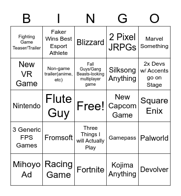 Game Awards 2024 Bingo Card