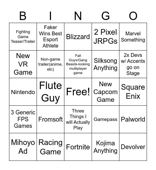 Game Awards 2024 Bingo Card