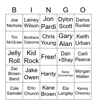New Country Bingo Card