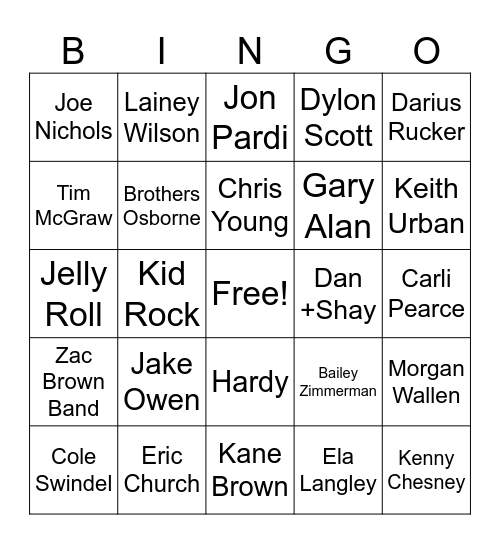 New Country Bingo Card