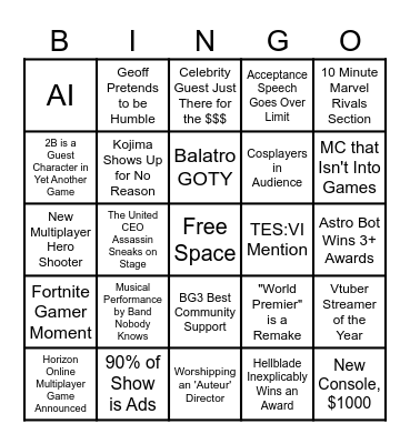 The Game Awards 2024 Bingo Card