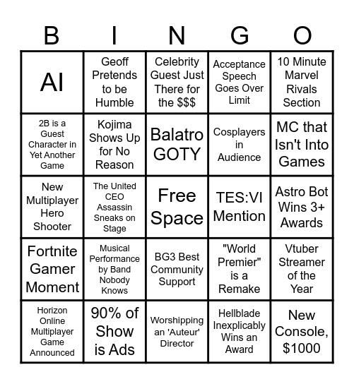 The Game Awards 2024 Bingo Card