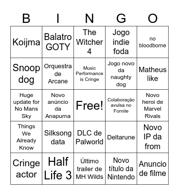 Game Awards Bingo Card