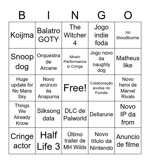 Game Awards Bingo Card