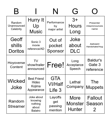 Game Awards 2024 Bingo Card