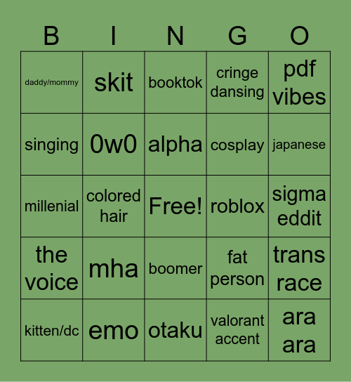 cringe bingo Card