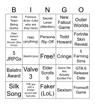 The Game Awards Bingo Card