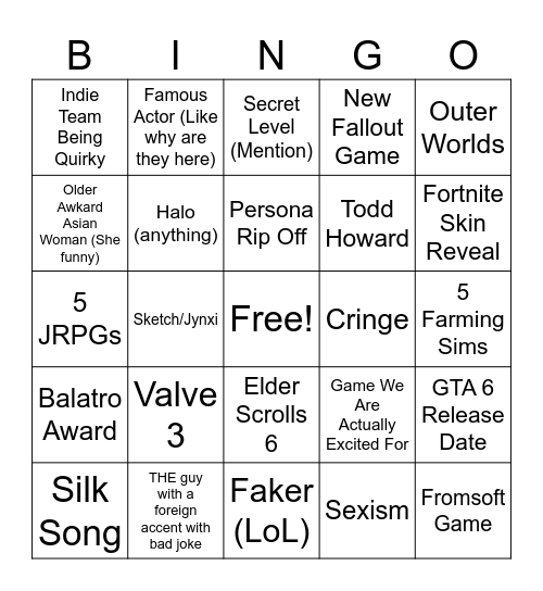 The Game Awards Bingo Card