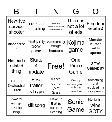 Game Awards Bingo Card