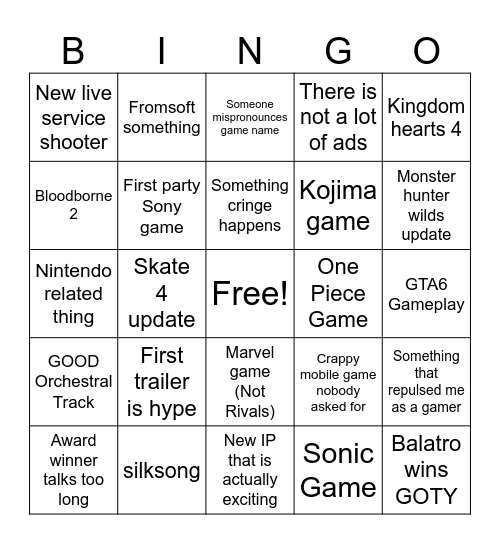 Game Awards Bingo Card