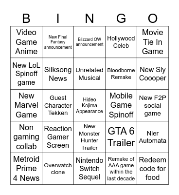 The Game Awards Bingo Card