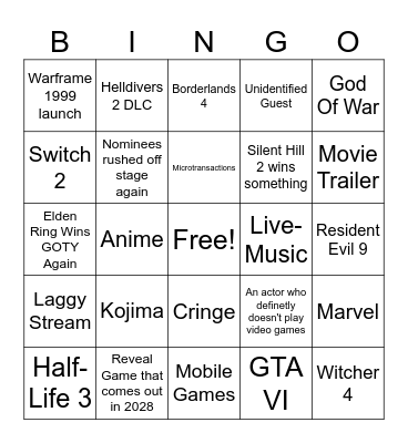Game Awards Bingo Card