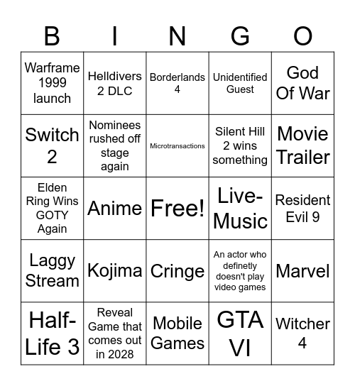 Game Awards Bingo Card