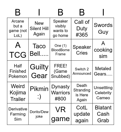 Game Awards 2024 Bingo Card