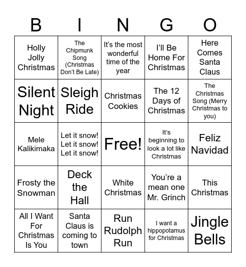 Christmas Music Bingo Card
