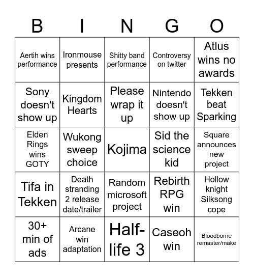 Game Awards Bingo Card