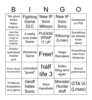 Game Awards 2024 Bingo Card
