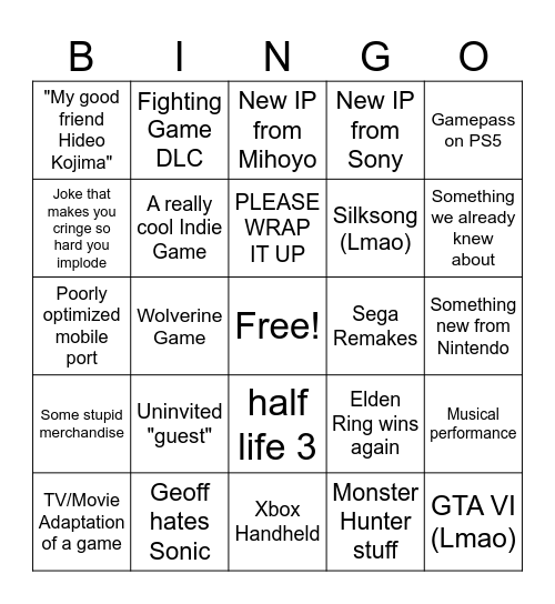 Game Awards 2024 Bingo Card