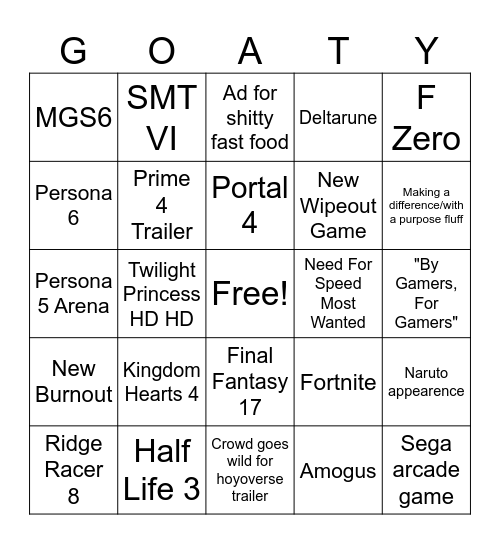 GOTYS 2025 Bingo Card