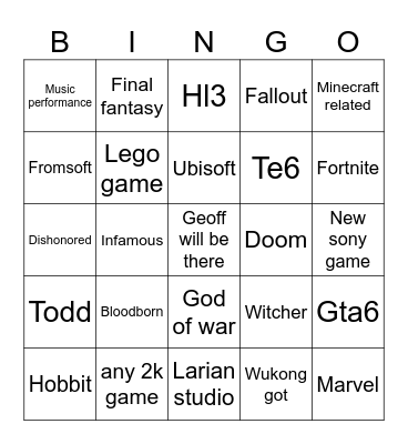 The game awards Bingo Card