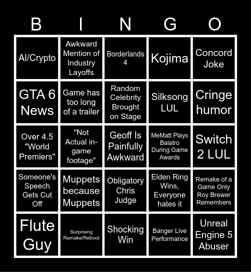 Game Awards Bingo Card