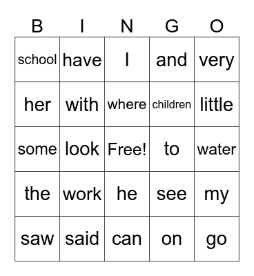 Sight Words Bingo Card