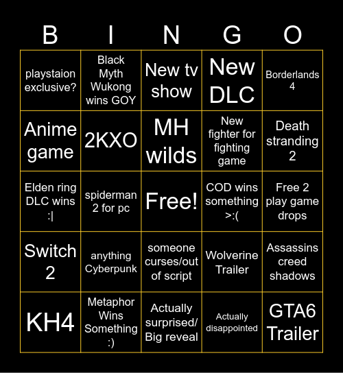 Game Awards Bingo Card