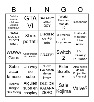 BINGO SEBS GAME AWARDS Bingo Card
