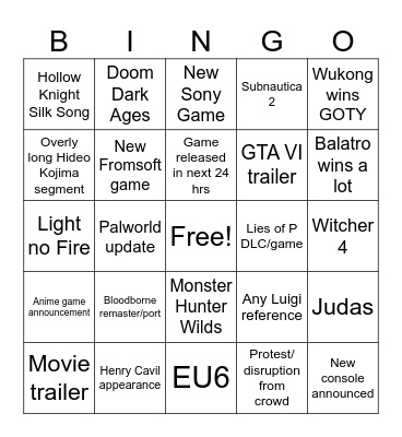 2024 Game Awards Bingo Card