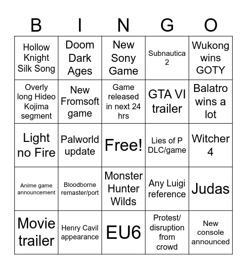 2024 Game Awards Bingo Card