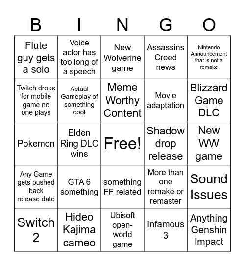 Game Awards Bingo 2024 Bingo Card