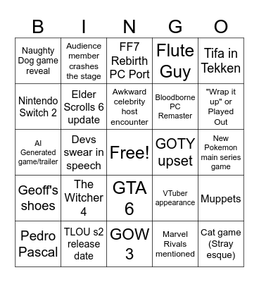 Game Awards 2024 Bingo Card