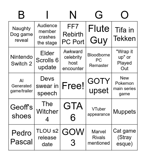 Game Awards 2024 Bingo Card
