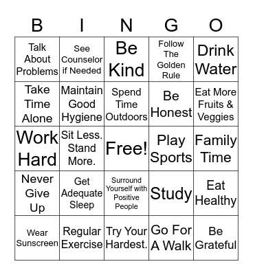 Healthy Lifestyles Bingo Card