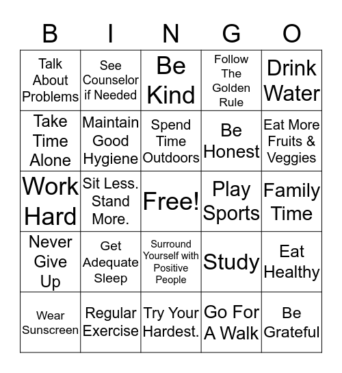 Healthy Lifestyles Bingo Card