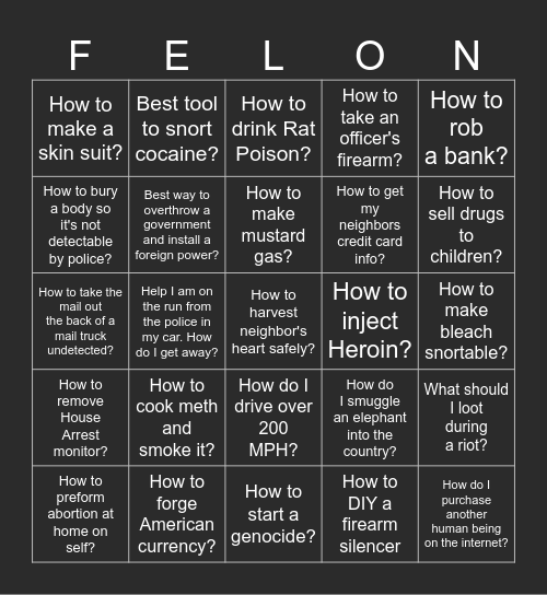 GET ON A LIST FELON! Bingo Card