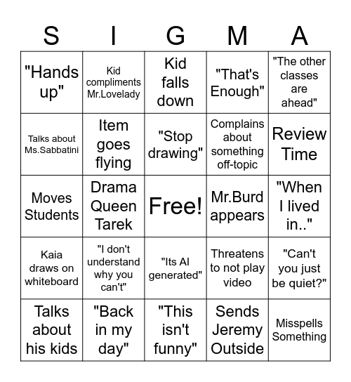 Mr.Lovelady's 3rd Period Science Bingo Card