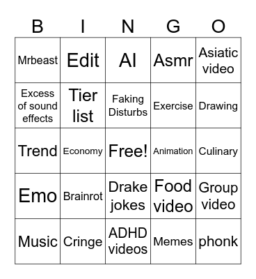Youtube Shorts bingo Card