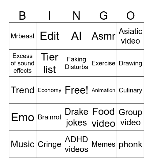 Youtube Shorts bingo Card