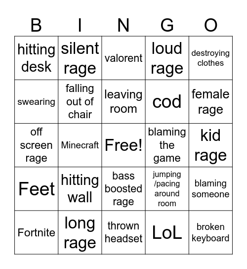 Gamer Rage Bingo Card