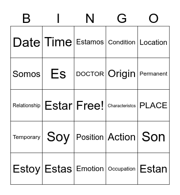 Ser and Estar :) Bingo Card