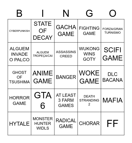 GAME AWARSD Bingo Card
