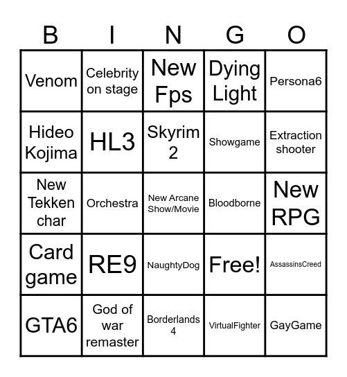 GameAwards Bingo Card