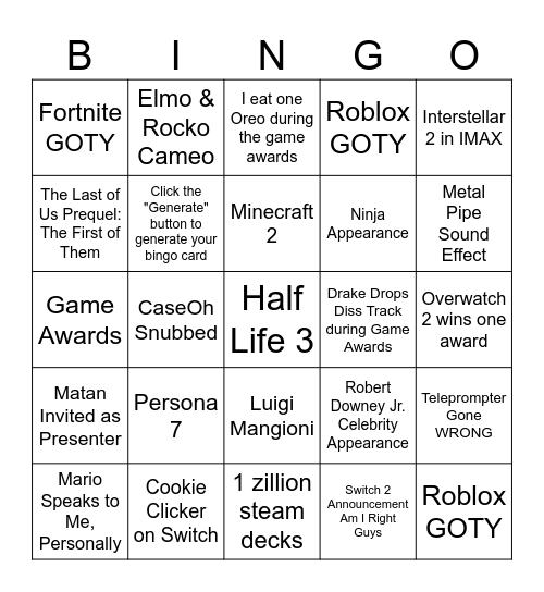 Game Awards 2024 Bingo Card