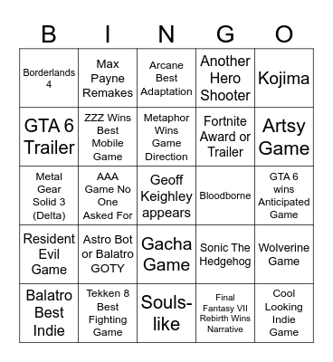 Game Awards 2024 Bingo Card