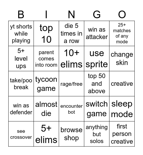 Fortnite bingo for me Bingo Card