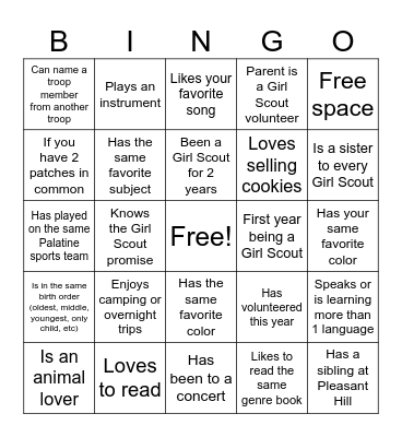 Girl Scout Human Bingo Card