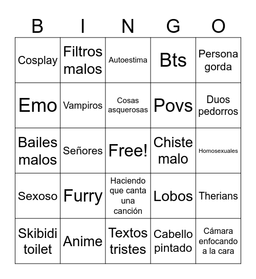 Tiktok cringe (español) Bingo Card