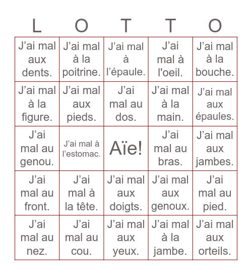Aïe!  J'ai mal... Bingo Card