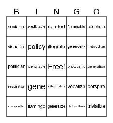 Vocabulary 6 Bingo Card